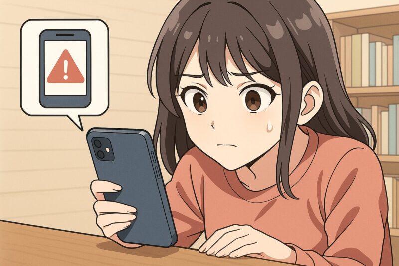 警告アイコンが表示されたスマートフォンを見て不安そうな日本人女性のアニメ風イラスト