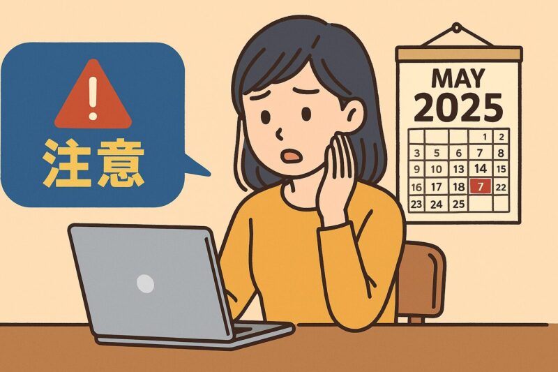 カレンダーの2025年5月7日を示し、注意マークとともにパソコン画面を見て驚く日本人女性のイラスト
