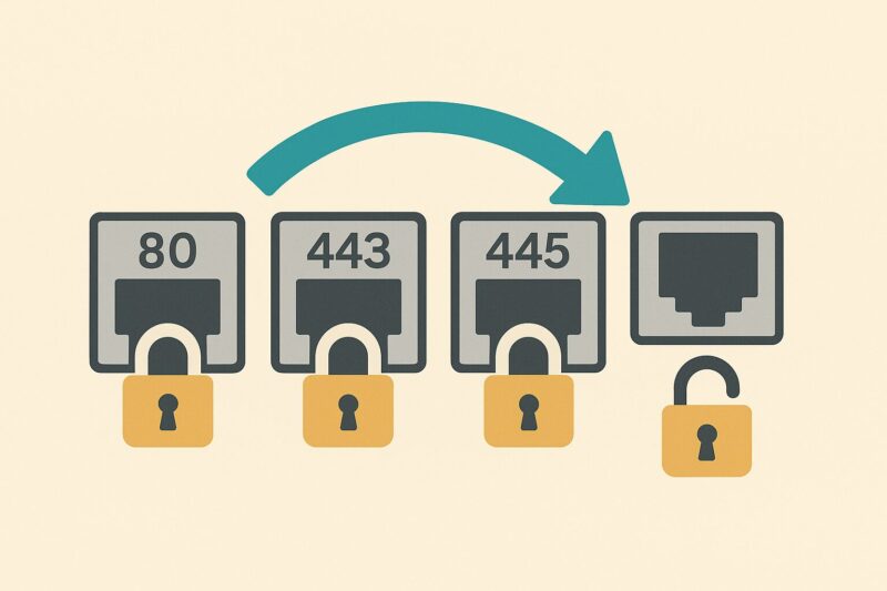 ポート番号80・443・445などのイーサネットポートアイコンが南京錠でロックされ、最後のポートだけ鍵が開く様子を示すフラットイラスト