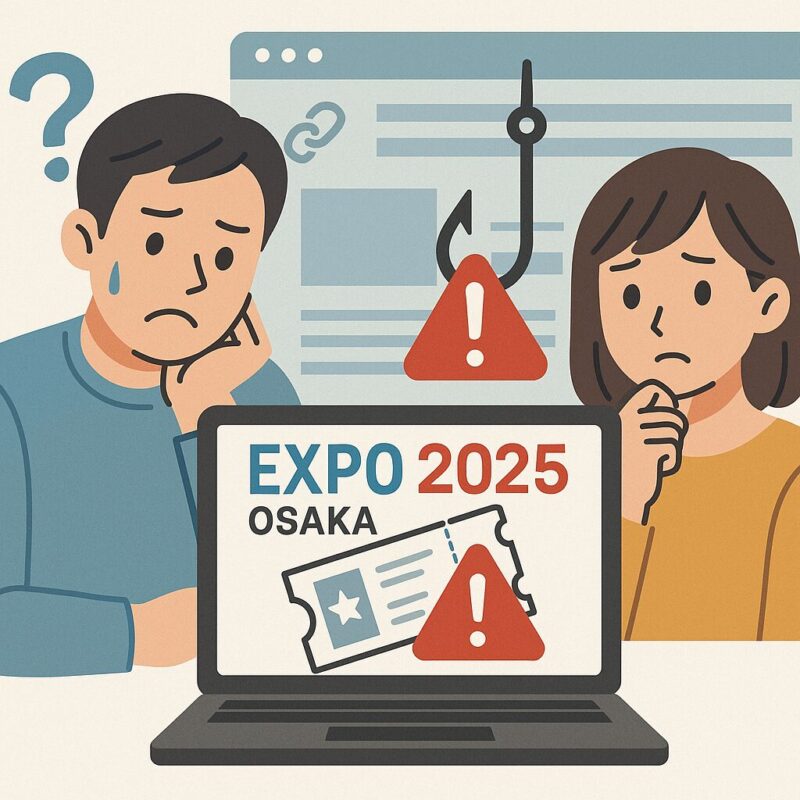 パソコン画面に大阪万博2025チケットと警告マークが表示され、困惑した男女が詐欺サイトに注意するイラスト