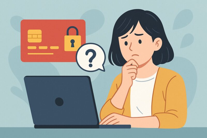 赤いクレジットカードと黄色の南京錠アイコンを背景に、ノートパソコンの前で悩む若い日本人女性のイラスト。支払い方法での検知リスクを表現。