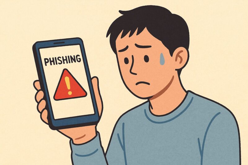 フィッシング警告が表示されたスマホを見て困惑する若い日本人男性のイラスト