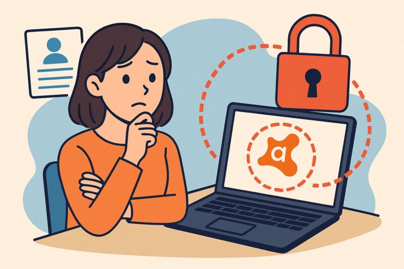 アバストのロゴと赤い錠前が表示されたノートPCを見つめ、不安そうに考え込む女性のイラスト