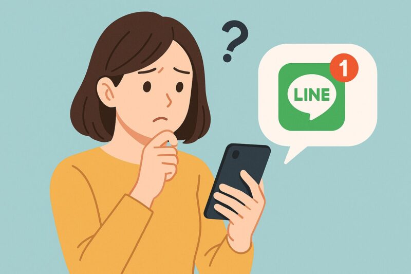 日本人女性がスマートフォンでLINEの通知アイコンを見て不思議そうな表情をしているイラスト。
