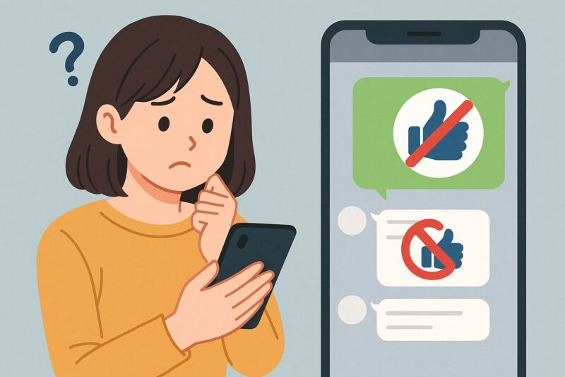 スマートフォンのLINE画面を見て困惑している日本人女性が、リアクションを取り消せず悩んでいる様子をイラスト風で表現。