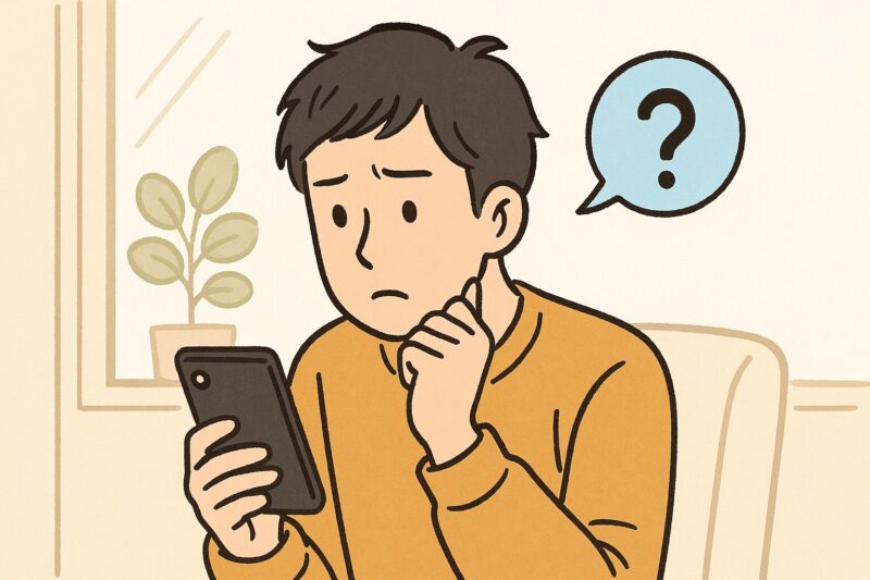 日本人男性がスマートフォンを見つめ、通知が届かず困惑している様子をイラスト風で表現。