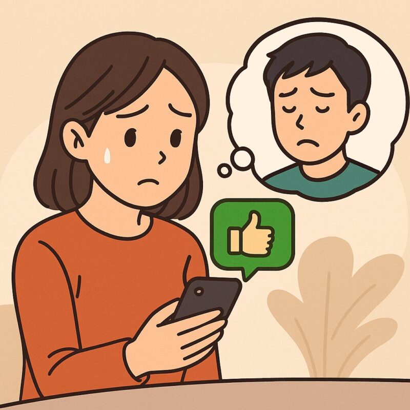 日本人女性がスマホでLINEリアクションだけを返し、相手の気持ちを気にして不安そうな表情をしているイラスト。