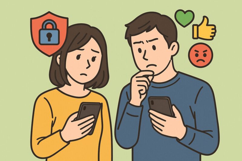 日本人男女がLINEリアクション機能を使いながら、個人情報の流出リスクについて不安そうに考えているイラスト。