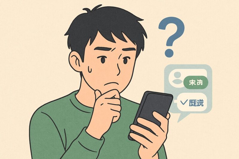 日本人男性がスマートフォンを見つめ、LINEの既読・未読アイコンについて疑問を持っている様子をイラスト風で表現。