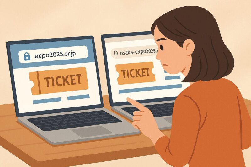 公式サイトと偽サイトのURLをパソコンで見比べている日本人女性のイラスト