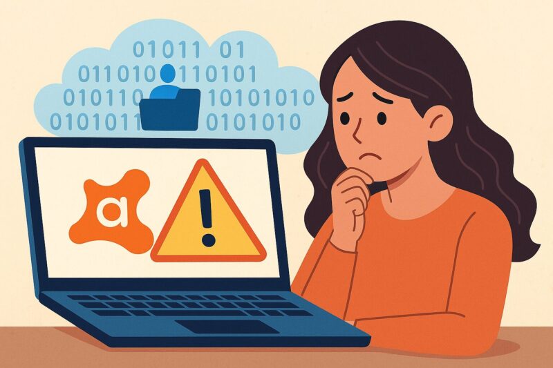 アバストのロゴと警告アイコンが表示されたPCを前に、個人情報流出を心配する女性のイラスト