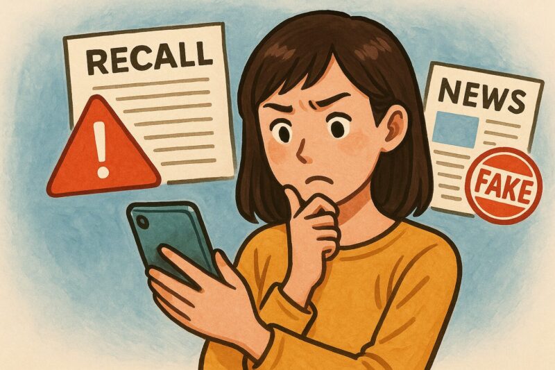 リコール情報とフェイクニュースに戸惑い、スマートフォンを見て慎重に判断する若い日本人女性のイラスト