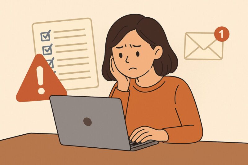 ノートパソコンで復旧作業を考える若い日本人女性のイラスト。背景にチェックリスト、警告マーク、通知付きメールアイコンが描かれている