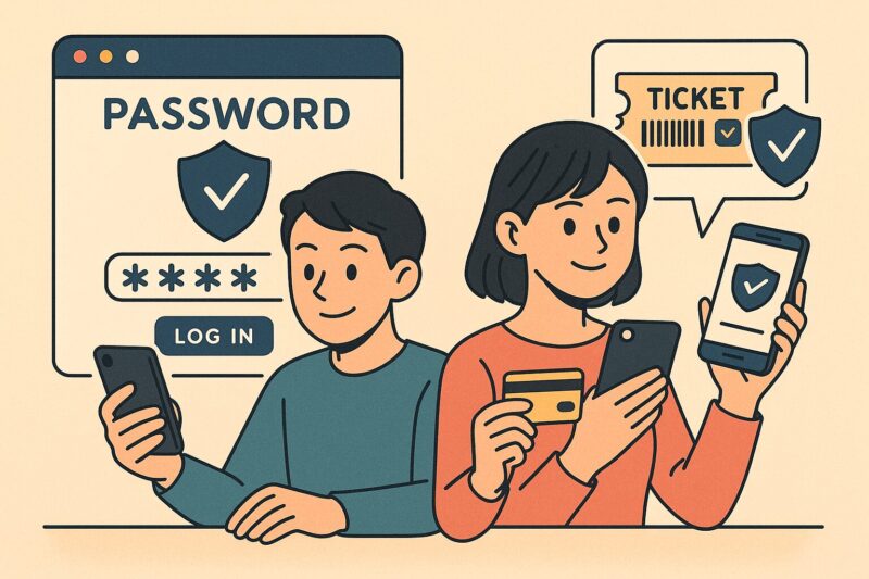パスワード管理アプリとスマホを使い、安全にネットでチケットを購入する日本人男女のイラスト