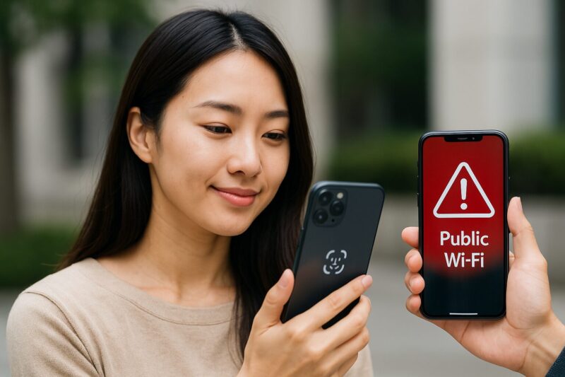 公共Wi-Fi警告を表示するスマホと、Face IDで認証中の若い日本人女性の写真