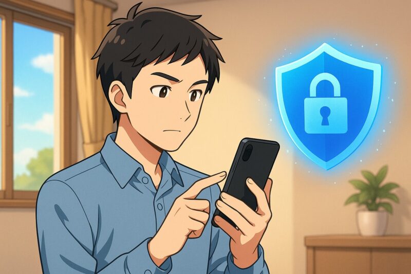 室内で日本人男性がスマホの背面を持ち、横に青い盾のホログラムが浮かぶアニメ風イラスト。