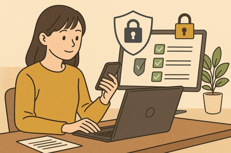 日本人女性が自宅でパソコンとスマートフォンを使い、セキュリティ対策のチェックリストを確認しているイラスト風画像