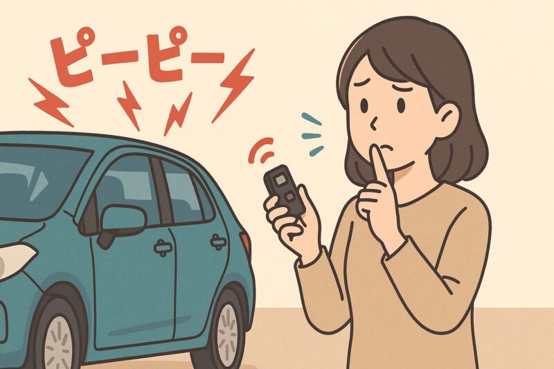 車のアラーム音に困りながらリモコンキーで静音・応急停止操作を試す女性のイラスト