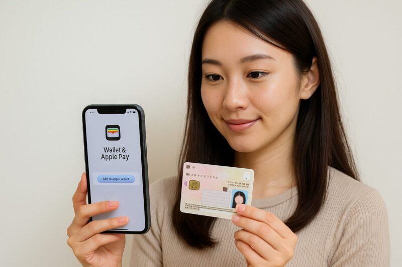 WalletとApple Payの画面を開いたiPhoneとマイナンバーカードを持つ若い日本人女性の写真