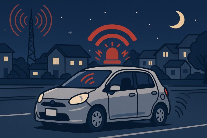深夜の住宅街で車のセキュリティアラームが赤く光り、周囲に電波が飛び交う様子を描いたイラスト