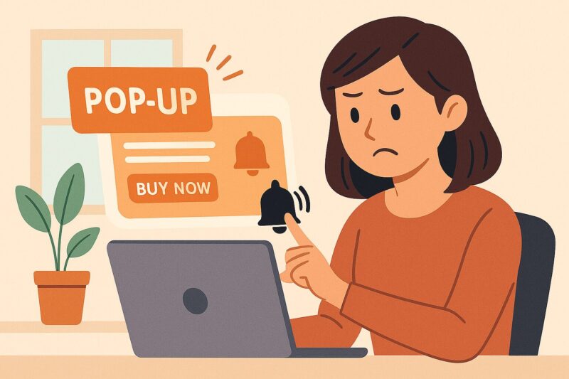 ポップアップ通知を無効にしようとする女性のイラスト