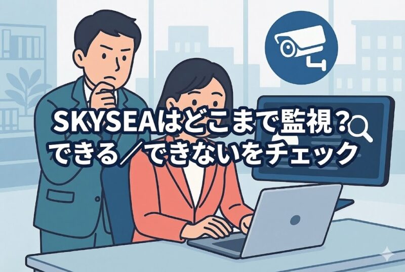 オフィスで監視を気にする男女会社員と監視カメラアイコン、パソコン画面が描かれたイラスト風アイキャッチ画像