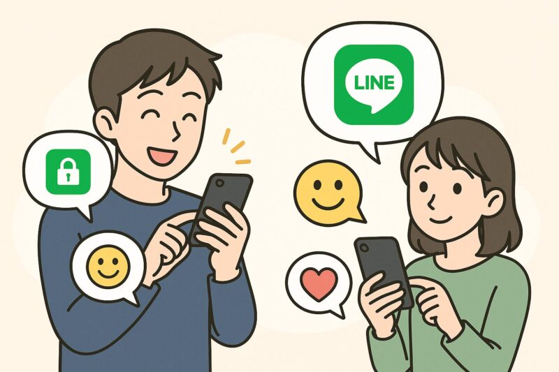 日本人男女がスマホでLINEリアクション機能を上手に使い、不安を解消して安心してコミュニケーションしているイラスト。