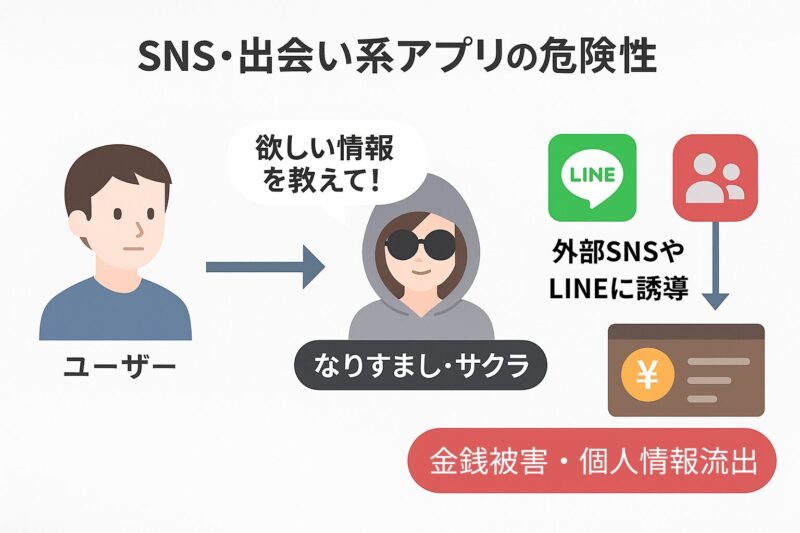 SNSや出会い系アプリでのなりすまし・サクラ詐欺の仕組みを図解。ユーザーがなりすましやサクラアカウントから接触され、LINEや外部サービスに誘導され、金銭被害や個人情報流出につながる流れをイラストで解説。