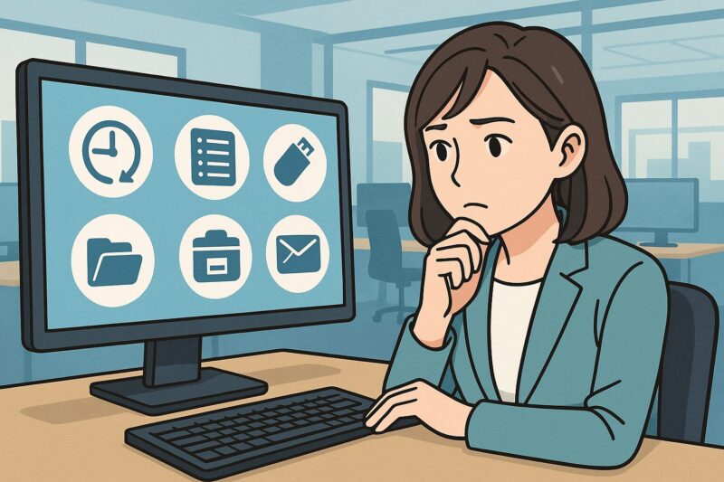 オフィスでパソコンの画面に複数のログや履歴アイコンが表示され、それを真剣に見つめる日本人女性会社員のイラスト風画像