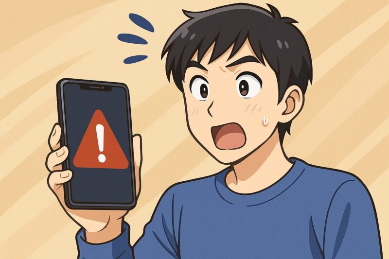 スマートフォンの警告画面を見て驚いた表情の日本人男性のアニメ風イラスト