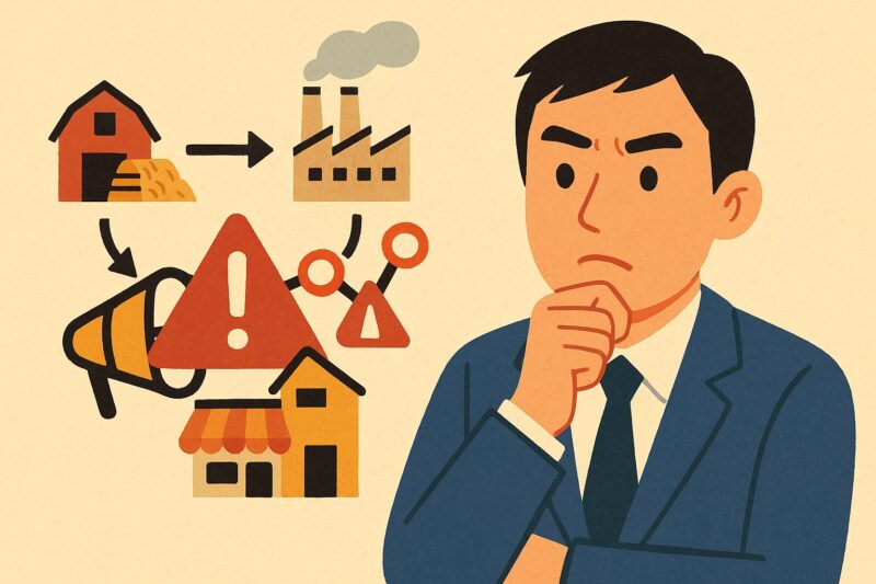 サプライチェーンの図と警告マークを前に考え込むスーツ姿の日本人男性のイラスト