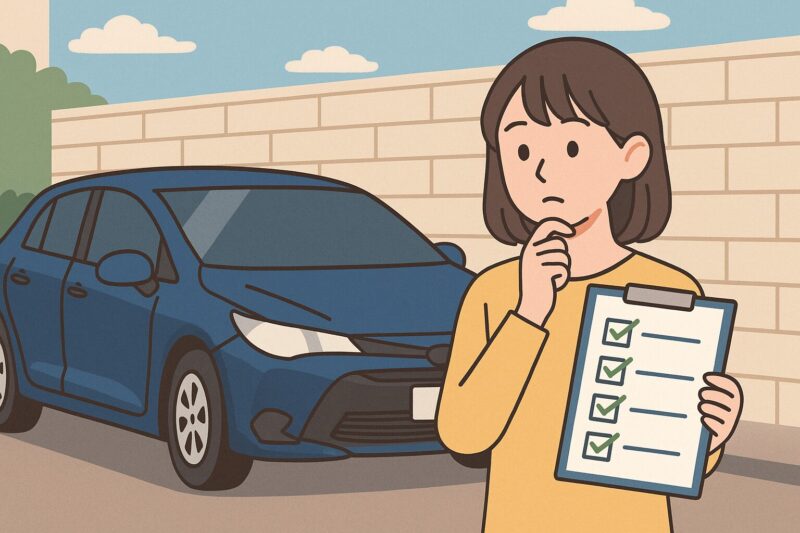 青い車の横で点検チェックリストを手に悩む女性と、明るい屋外の安心感あるイラスト