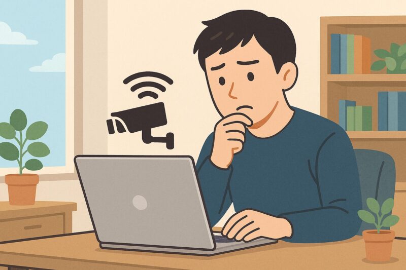 自宅のデスクでノートパソコンを操作し、監視カメラのアイコンを気にする日本人男性を描いたイラスト風画像