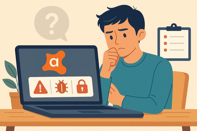 アバストの警告アイコンが並ぶPCを前にリスクを考える男性のイラスト