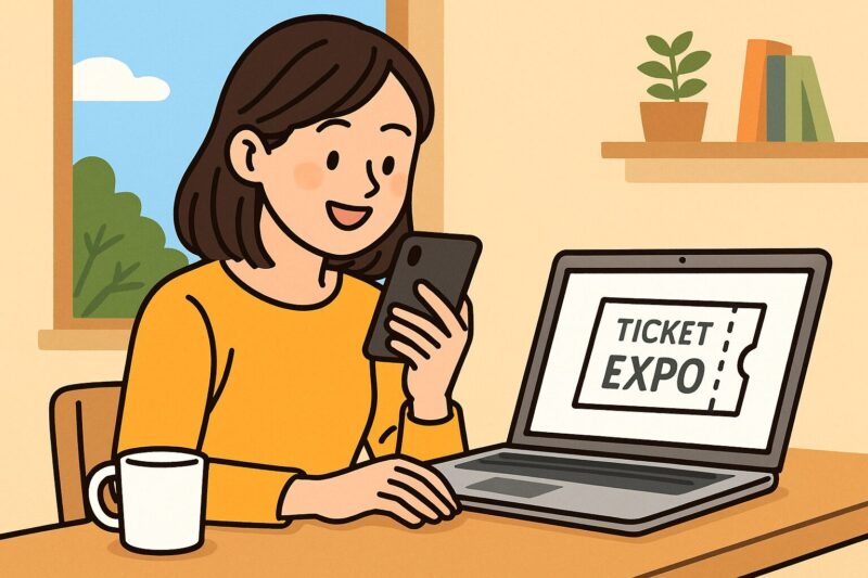 安心した表情でスマホとパソコンを使いながらネットでチケットを購入しようとする日本人女性のイラスト