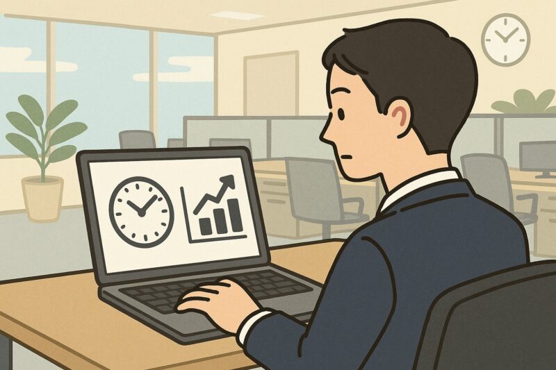 オフィスで日本人男性がパソコンの画面に時計とグラフアイコンを見ながら情報収集のタイミングや頻度を確認しているイラスト風画像