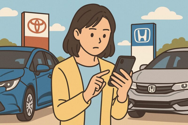 トヨタとホンダのディーラー前でスマートフォンを操作し、車の誤作動対策を調べている女性のイラスト