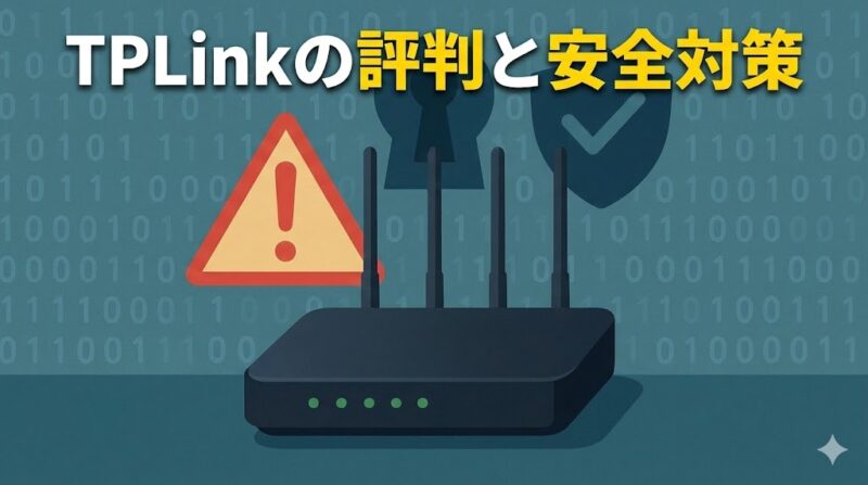 暗い背景にTP-Linkのルーターが配置され、左側に警告アイコン、中央に鍵穴シンボル、右側にチェックマークのついた盾が描かれているイラスト