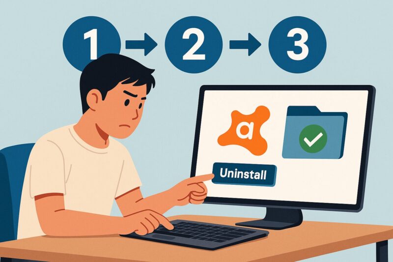 アバストのアンインストールを3ステップで実行する男性のイラスト