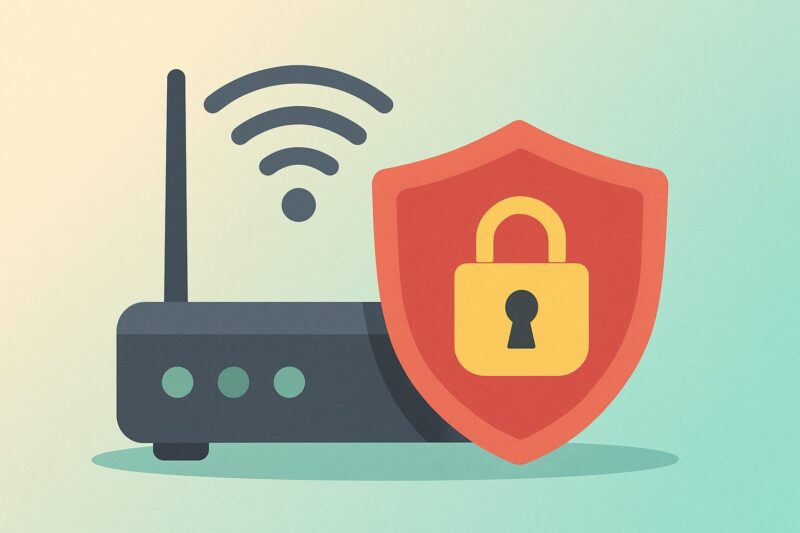 Wi-Fiルーターと赤い盾、黄色い鍵アイコンで信頼できないネットワーク対策を示すイラスト