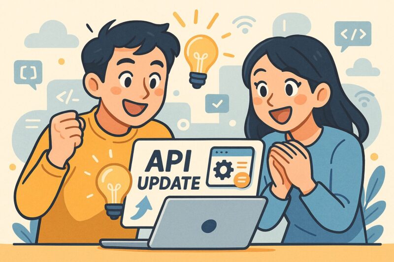 日本人男女がパソコンのAPIアップデート通知を見て明るく驚いているイラスト風画像