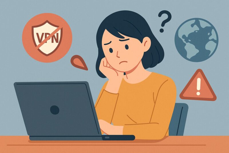 ラップトップを前に復旧方法を考える若い日本人女性のイラスト。背景にチェックマーク、再発防止を象徴するアイコンが配置されている。