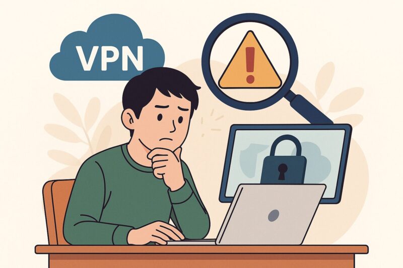 ノートパソコンを前にVPN接続エラーを確認し、セキュリティを気にする若い日本人男性のイラスト。背景に警告マークと南京錠が描かれている。