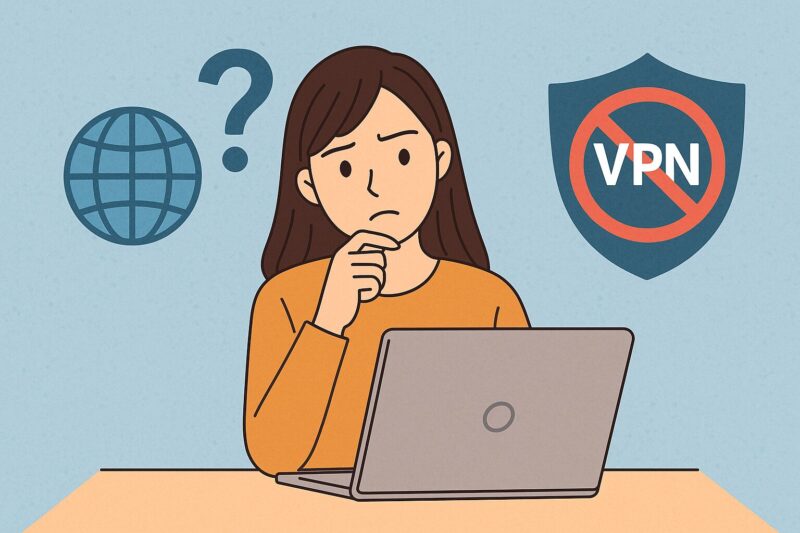 パソコンに向かい考え込む若い日本人女性のイラスト。VPN禁止マークと地球アイコン、疑問符が背景にあり、今後のAI検知強化と抜け道を表現