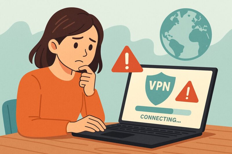 VPN接続中の警告を見つめ不安そうに考える女性のイラス