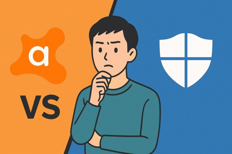アバストとDefenderのロゴを前に比較を考える男性のイラスト