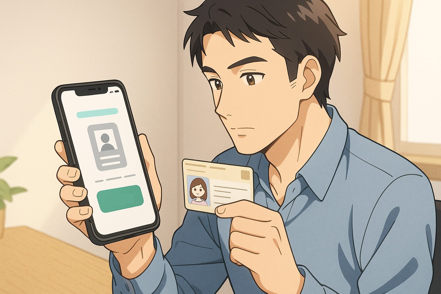 日本人男性が自宅の机でスマホの登録画面を操作し、もう一方の手にIDカードを持つアニメ風イラスト。アプリから登録する場面
