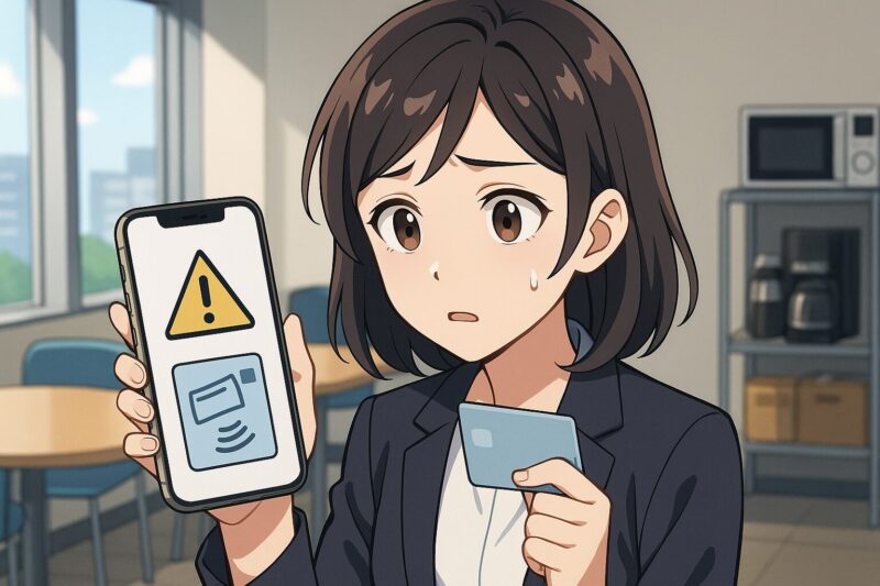 オフィスの休憩スペースで日本人女性がスマホのエラー画面を示し、もう一方の手にカードを持って原因に困っているアニメ風イラスト