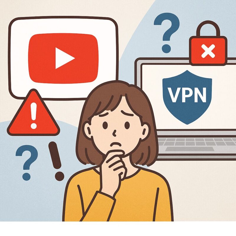 不安そうな若い女性がYouTubeアイコンとVPN警告を見つめて悩む様子をイラスト
