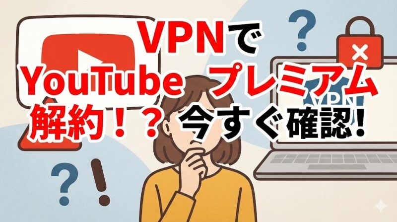 不安そうな若い女性がYouTubeアイコンとVPN警告を見つめて悩む様子をイラスト